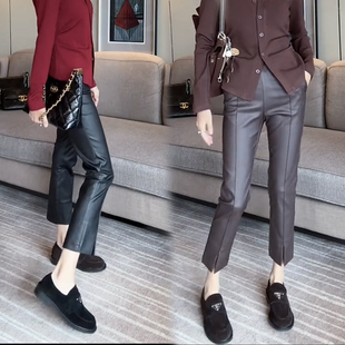 欧货秋冬加厚加绒磨毛高腰弹力显瘦开叉涂层皮裤 直筒烟管休闲女裤