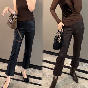 欧货秋冬高腰显瘦蛋白PU皮裤女宽松休闲百搭时尚九分直筒裤微喇裤