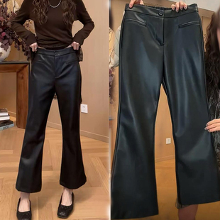 小个子九分裤 欧货冬季 女休闲裤 微喇叭裤 黑色高腰显瘦蛋白皮PU皮裤