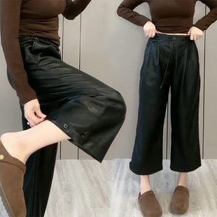 欧货冬季加绒蛋白皮pu老钱风直筒阔腿皮裤女小个子九分显瘦休闲裤