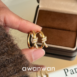 阿婉Wan绳结~小众高级感微镶扭转金属耳圈气质时髦百搭耳饰耳环