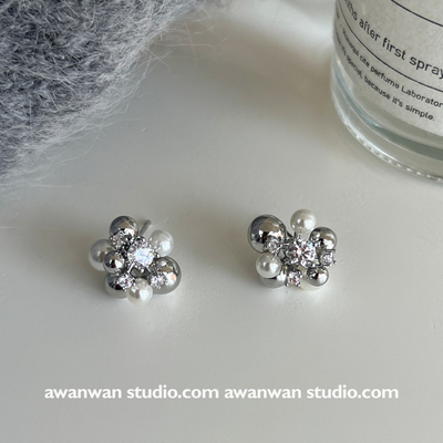 阿婉Wan花球~清冷灰锆石银球仿珍珠耳钉小众高级感冷淡风耳饰女
