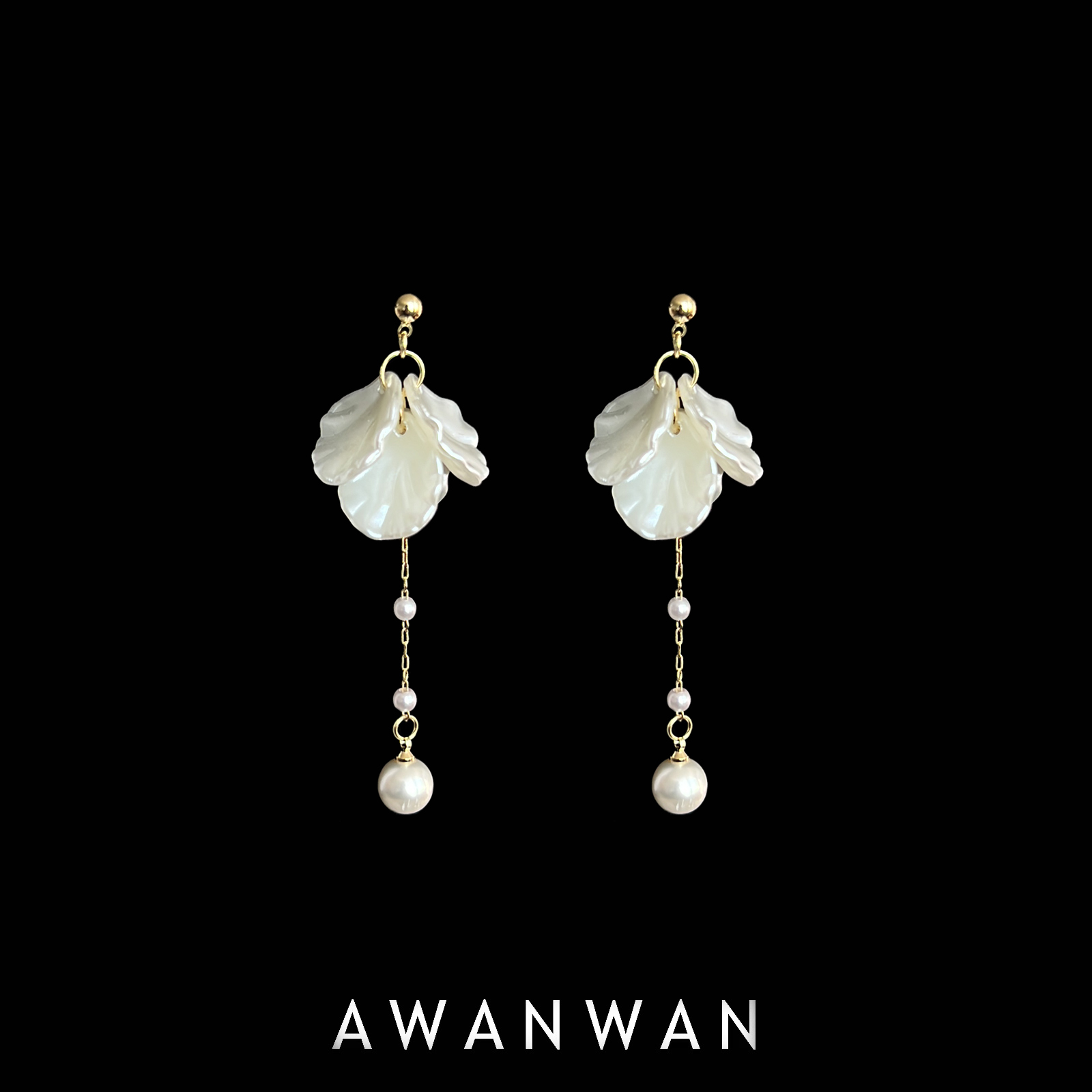 阿婉甜美贝壳花瓣流苏珍珠耳钉