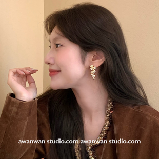 阿婉Wan 贵气感鎏金繁花流苏耳钉秋冬重工高质感气质时髦耳饰