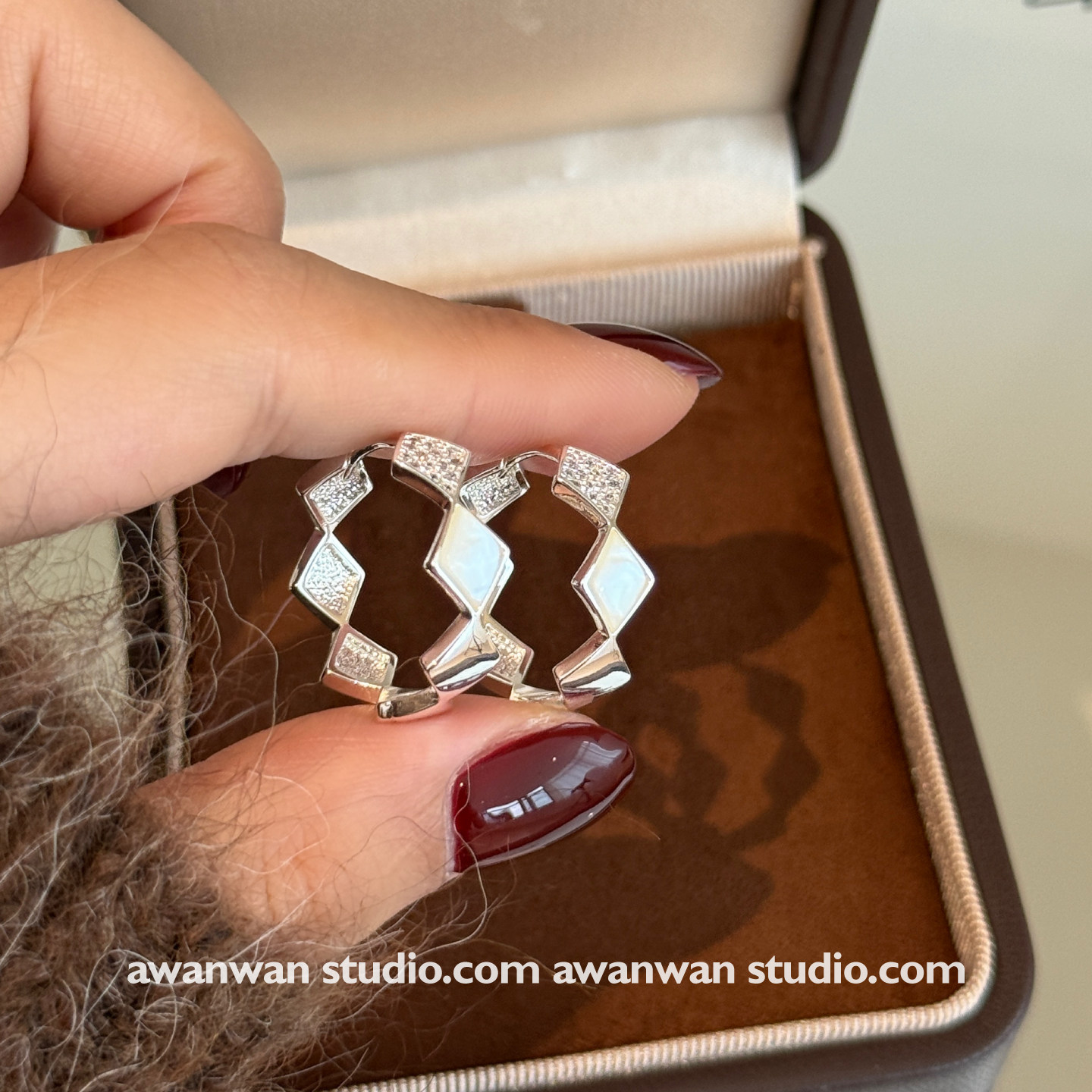 阿婉Wan波浪素圈~贝母微镶锆石三间耳圈甜酷时髦冷淡风耳环耳饰