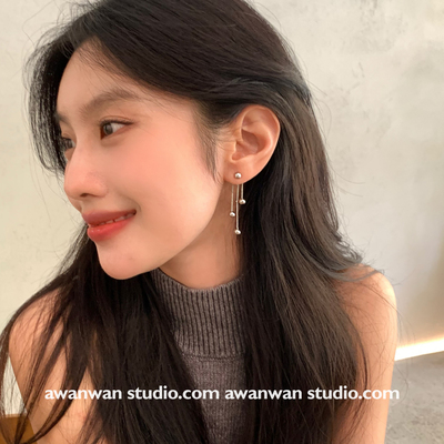 阿婉Wan 水滴雨落~一款两戴流苏金属球耳钉方圆脸百搭饰品耳饰
