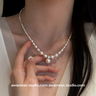 阿婉Wan 高端保色电镀锆石施家珍珠碎银项链轻奢气质锁骨链