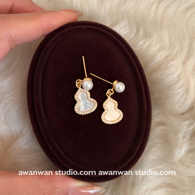 阿婉Wan 招财福禄～天然贝母葫芦耳钉新中式时髦气质国风耳饰