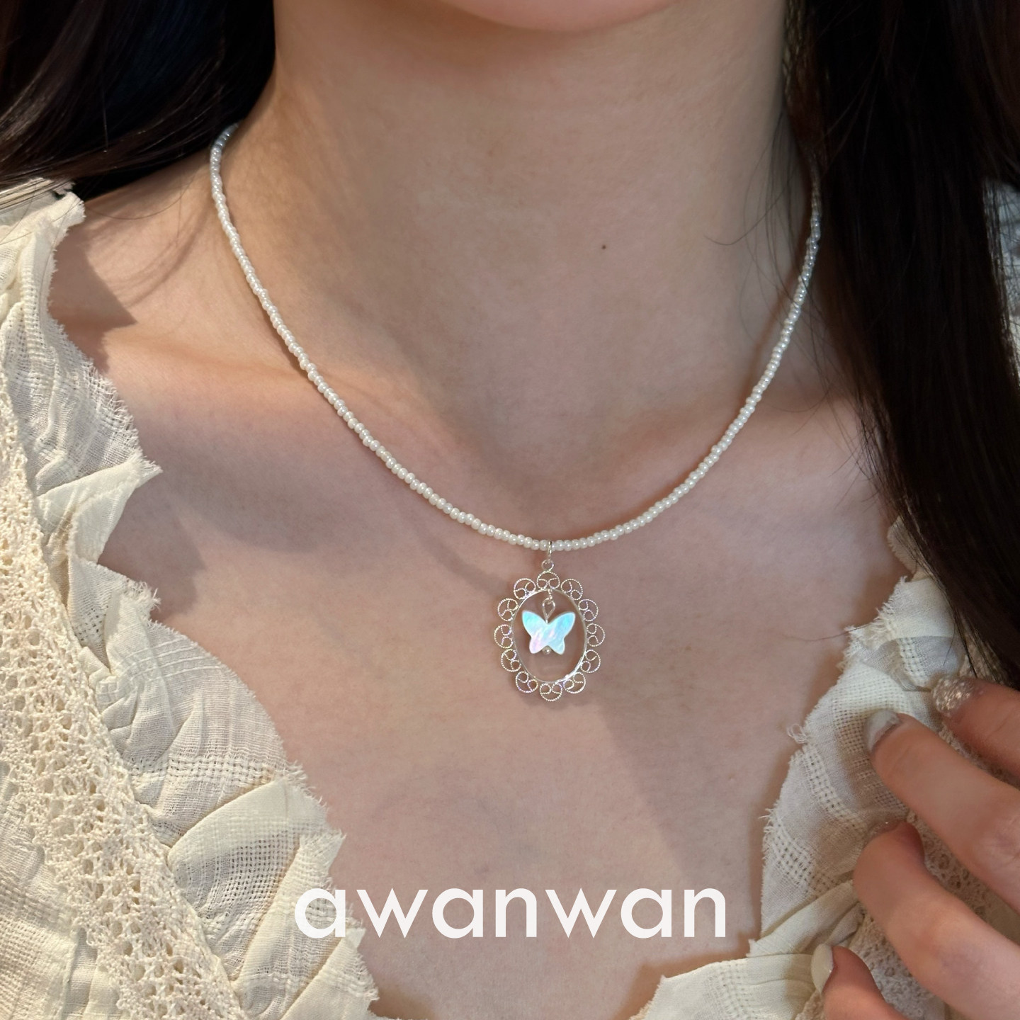 阿婉Wan温莎庄园~甜美公主风珍珠蝴蝶蕾丝花边项链小众百搭锁骨链