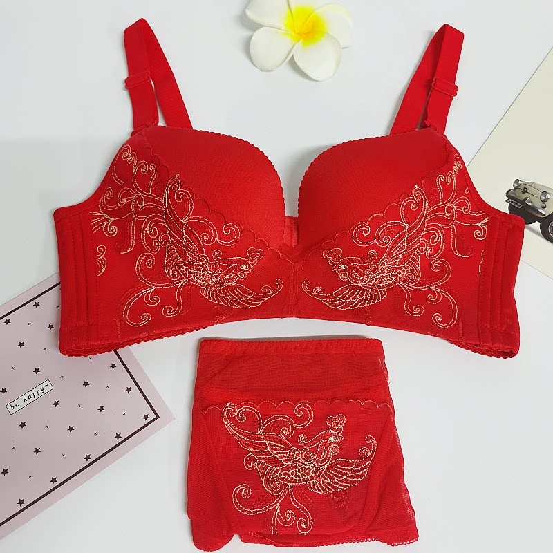 红色本命年结婚内衣套装女聚拢性感收副乳厚薄款新娘凤凰刺绣文胸