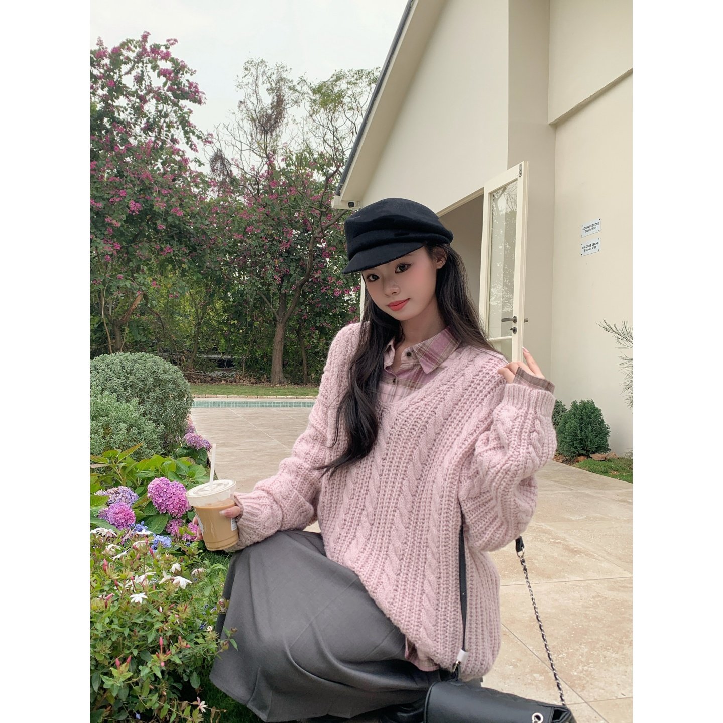 铅笔莓莓【浅粉织梦】韩系麻花纹V领套头毛衣女春季宽松显瘦上衣