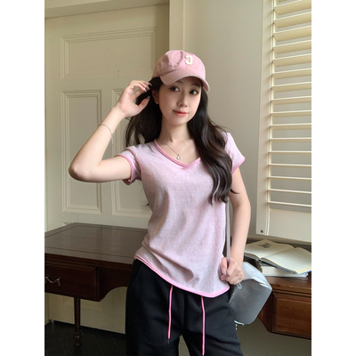 铅笔莓莓竹节棉撞色V领透气t恤女