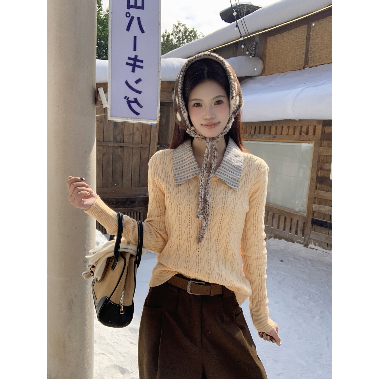 铅笔莓莓【奶黄柔系】黄色麻花拼条纹假两件针织衫女冬季内搭上衣
