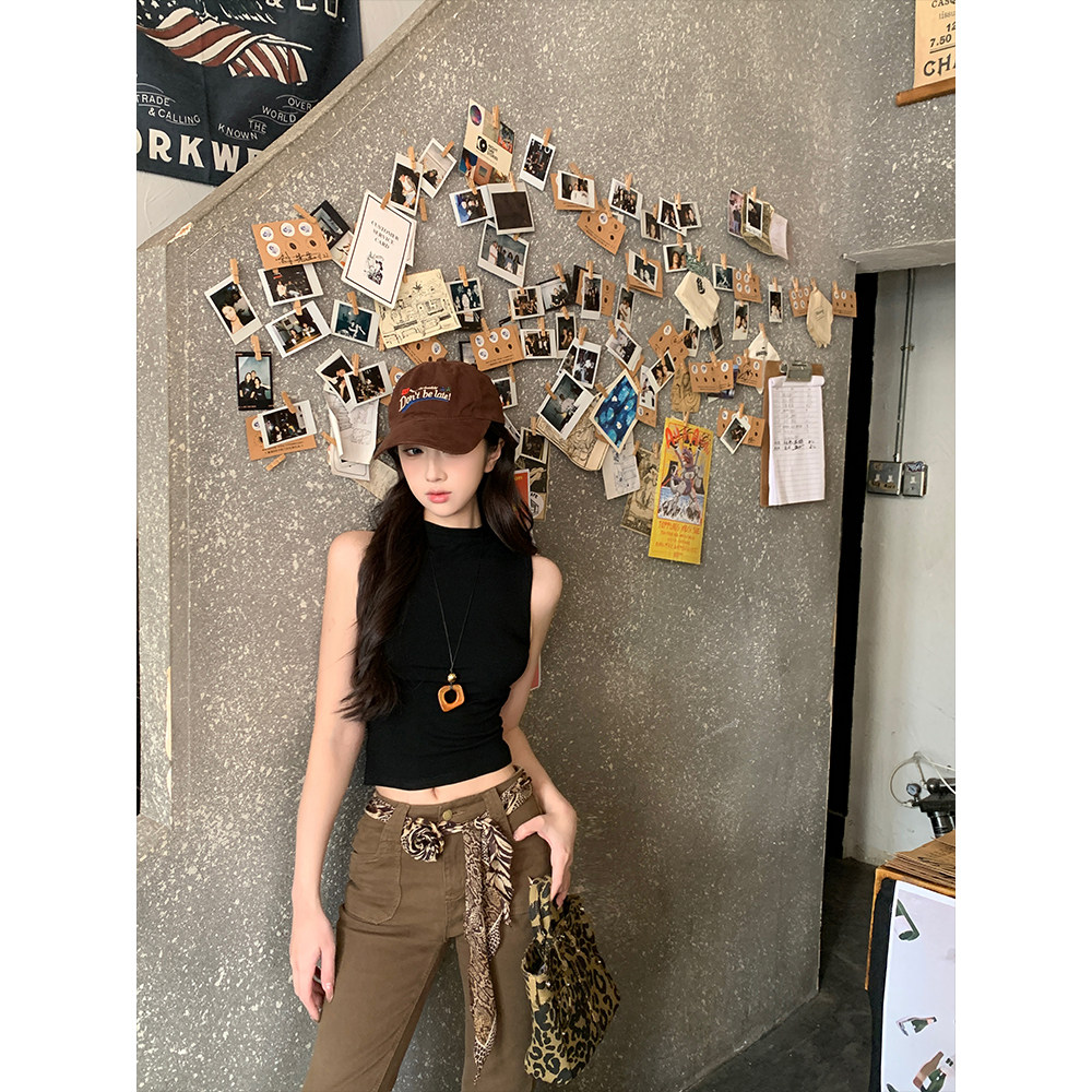 铅笔莓莓 韩版黑色无袖t恤女夏季百搭短款修身设计感小众内搭上衣