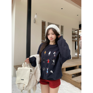 铅笔莓莓 刺绣卡通小人加绒卫衣女秋冬宽松设计感上衣 拾趣冬光