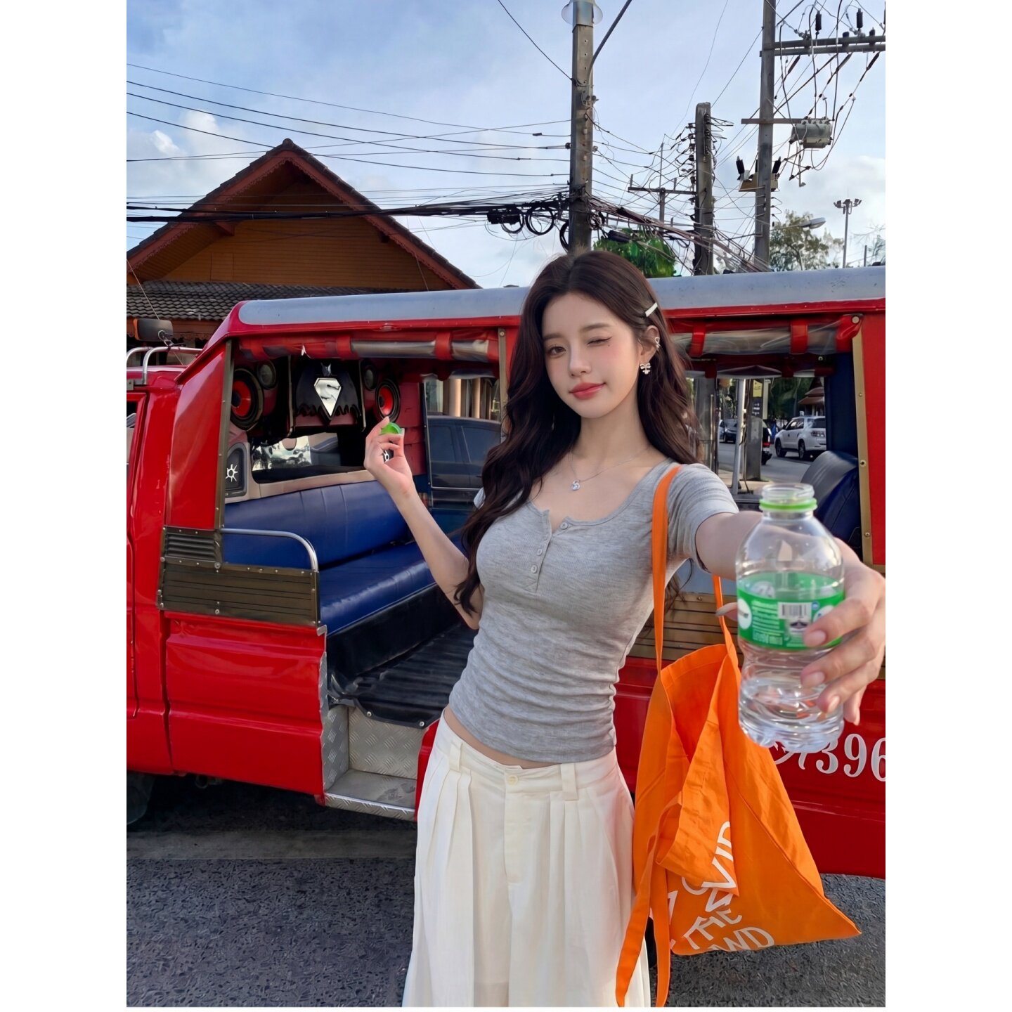 铅笔莓莓 韩系纯欲亨利领短袖女t恤2026新款夏季穿搭设计感上衣潮
