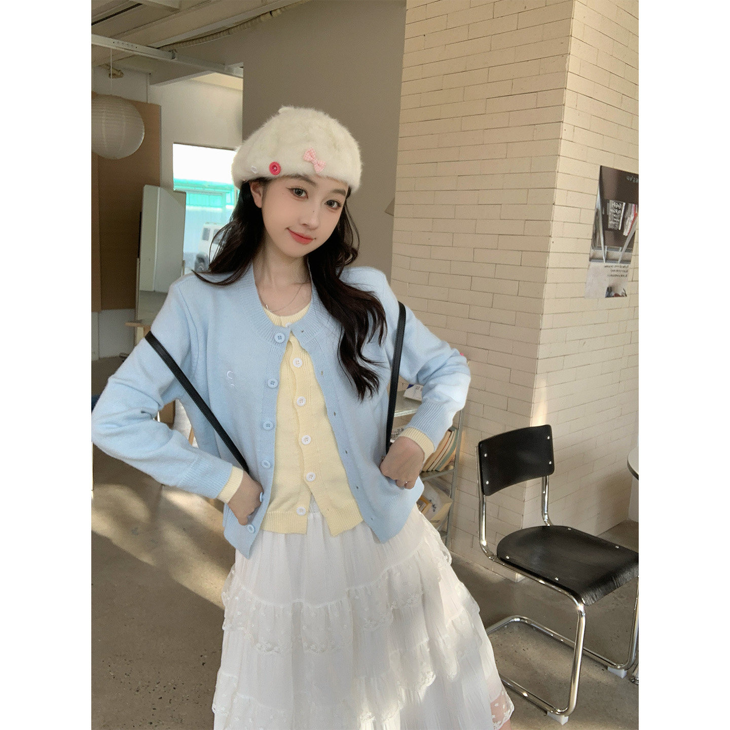 铅笔莓莓 蓝色假两件正肩长袖针织开衫女秋季韩系高级感纯欲上衣