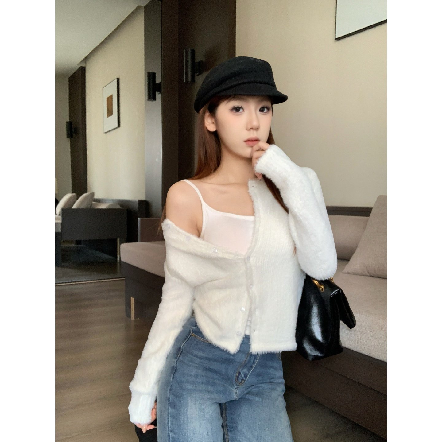 铅笔莓莓 韩系性感仿貂毛开衫毛衣外套女冬季复古设计感短款上衣