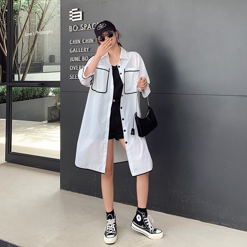 衬衫裙子大码女装单件纯色长裙夏季新款小众法式中长款宽松连衣裙