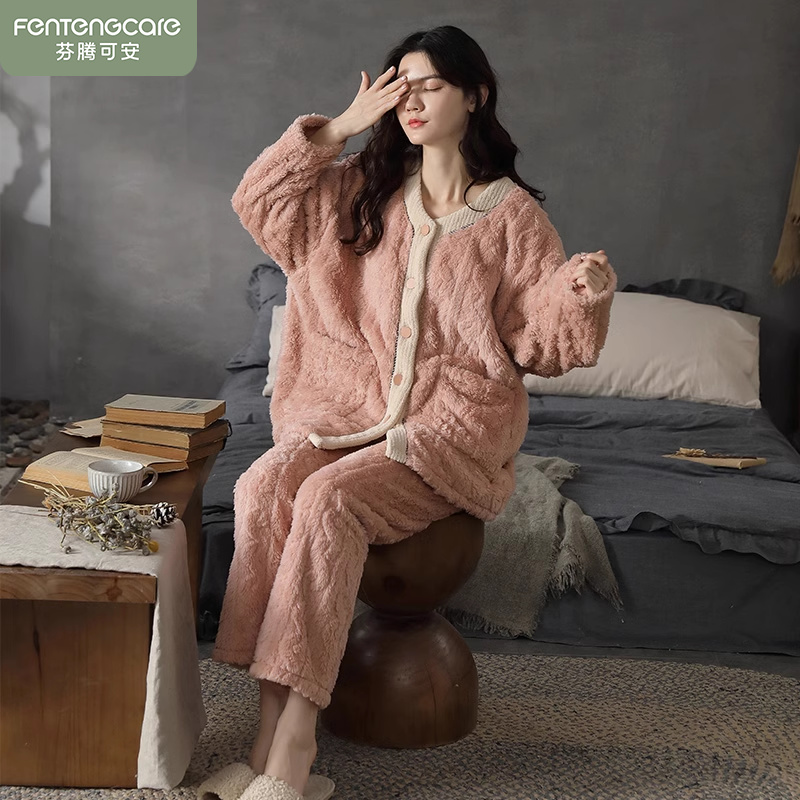 芬腾可安珊瑚绒睡衣女2025新款秋冬季加绒加厚保暖大码家居服套装