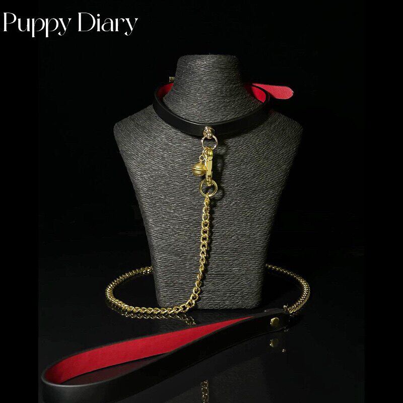 PuppyDiary拼色高端项圈纯银女choker真皮女牛皮铃铛牵引链女用