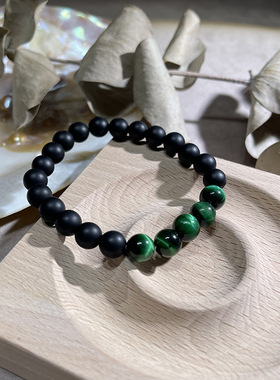绿虎眼手链天然磨砂黑玛瑙手饰个性设计感手串素圈饰品
