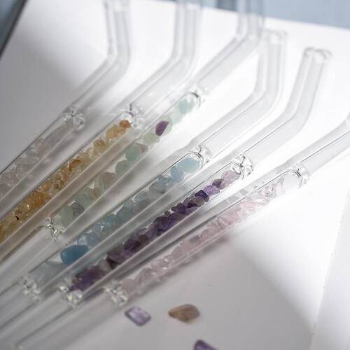天然水晶碎石玻璃吸管白紫黄粉水晶抛光小颗粒宝石吸管