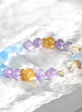 天然多手链圈女款白水晶海蓝多彩水晶手工编织手串