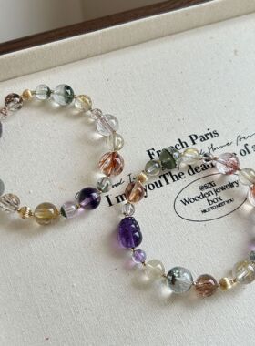 天然多宝超七黑金超手链女生14k金紫貔貅金发绿幽灵水晶