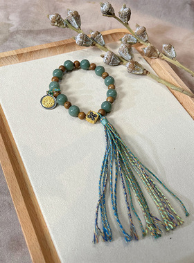 新中式天然玉石和田玉青玉圆珠古风设计沉香算盘珠手串女