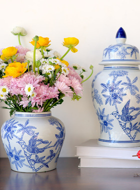 中式仿古青花瓷器将军罐陶瓷花瓶摆件家居客厅书房玄关博古架装饰