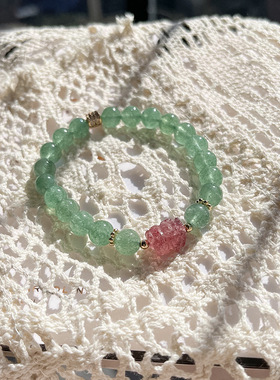 天然红绿草莓晶貔貅手链女珠子串珠绿色水晶手串饰品手饰好运饰品