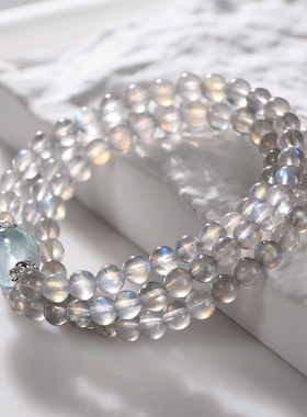 天然灰月光多圈手链配海蓝转运珠水晶手串饰品ins小众设计