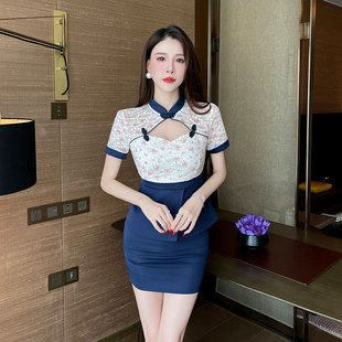 性感立领镂空收腰连衣裙女短袖修身显瘦包臀裙气质工作服涤纶女士