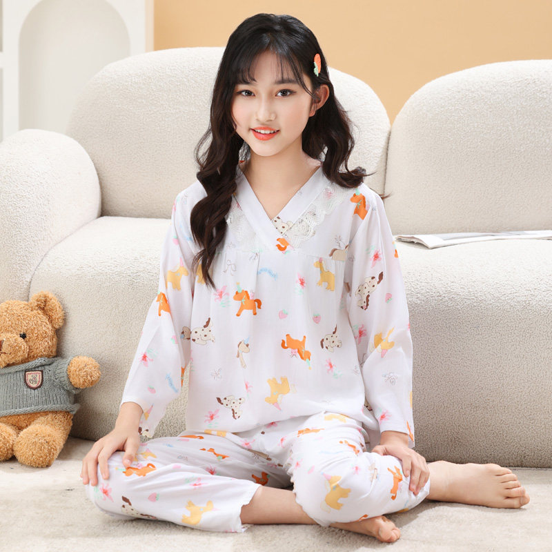 夏季绵绸家居服蕾丝花边V领少女甜美宽松睡衣休闲薄款家居服套装