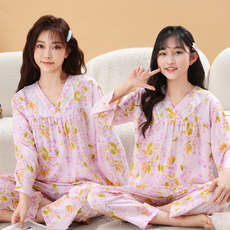 夏季亲子装长袖中大童薄款棉绸儿童法式樱花睡衣母女装家居服套装