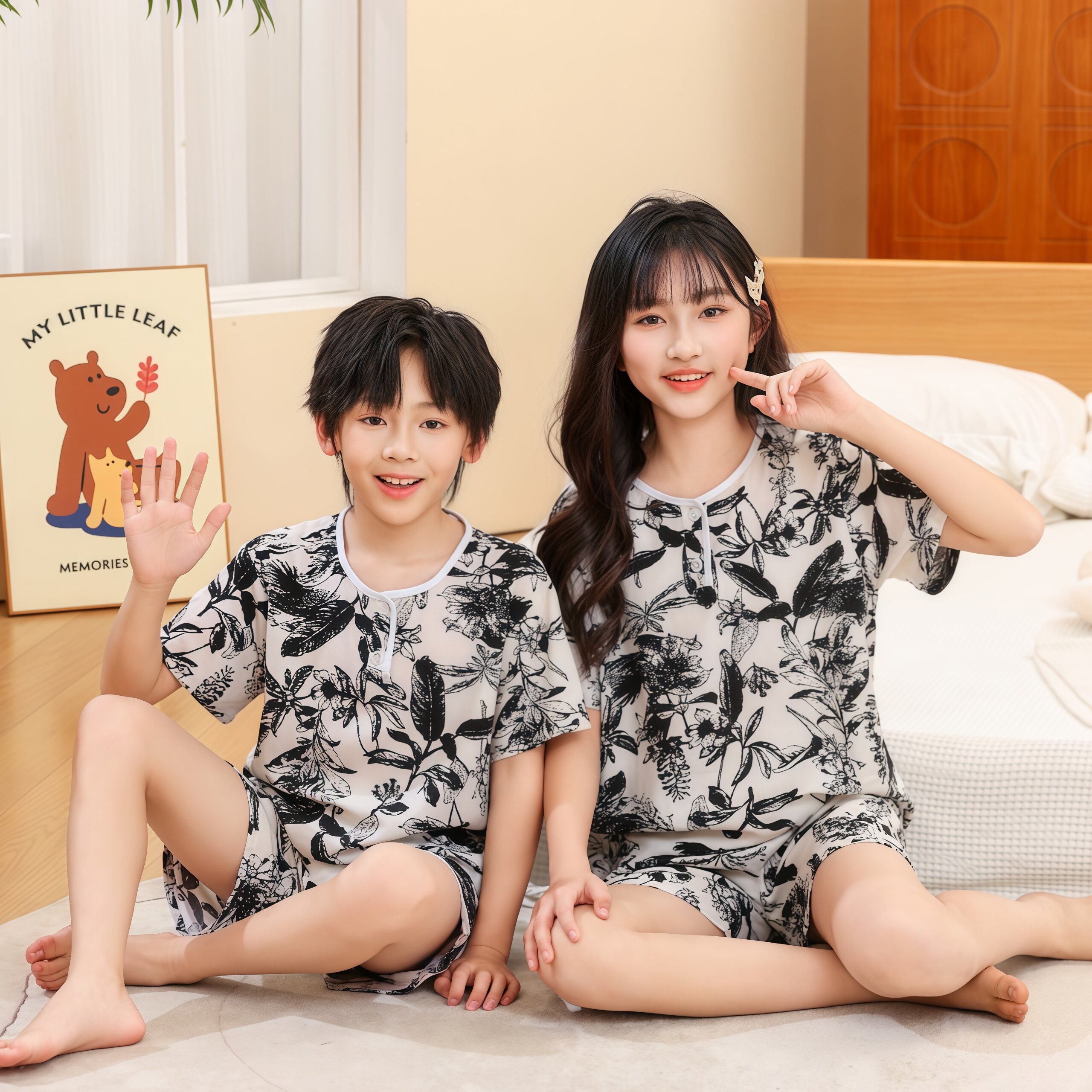 儿童夏季棉绸睡衣短袖短裤男女童凉感空调服棉绸薄款人造棉家居服