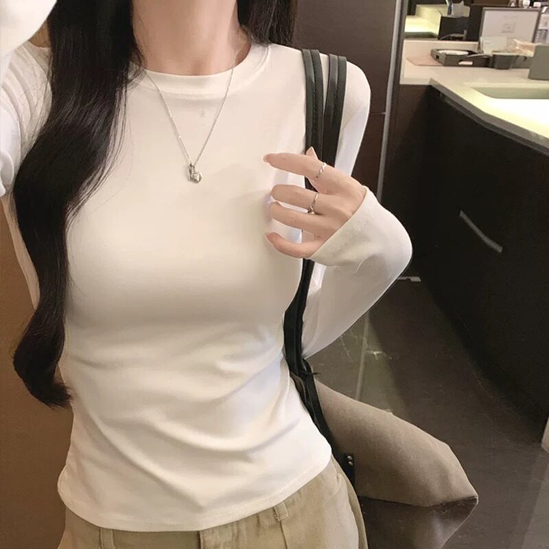 圆领正肩长袖T恤女士秋冬季内搭修身显瘦百搭气质白色打底衫上衣