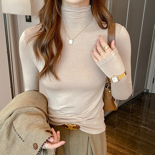 半高领中领长袖打底衫女士内搭春秋冬高级感紧身纯色修身t恤上衣