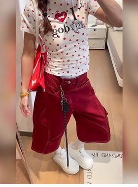 美式复古红色廓形明线七分裤牛仔短裤女夏街头不对称裁剪阔腿中裤