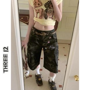 美式复古迷彩直筒七分牛仔裤女夏季百搭高街vibe宽松阔腿工装中裤