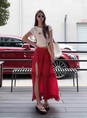 美式复古多巴胺红色波点半身裙女夏季气质减龄开叉漏腿蛋糕长裙子