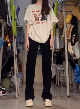 秋季新款高腰直筒堆堆裤牛仔裤女宽松显瘦窄版黑色裤子拖地显瘦冬
