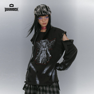 YUKAHOUSE 原创亚文化水洗做旧卫衣割破贴布绣印花男女上衣长袖秋