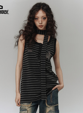 YUKAHOUSE 美式复古星星条纹吊带无袖T恤背心宽松显瘦女春夏新款