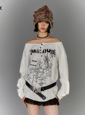 YUKAHOUSE 一字肩亨利领朋克印花脏洗做旧显瘦宽松亚比长袖女T恤