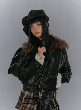 YUKAHOUSE 原创秋冬可拆卸毛领亮黑皮棉服加厚夹克棉衣朋克女外套