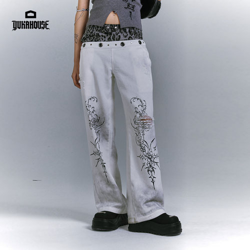 YUKAHOUSE假两件印花牛仔裤