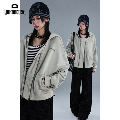 YUKAHOUSE美式条纹加绒外套连帽