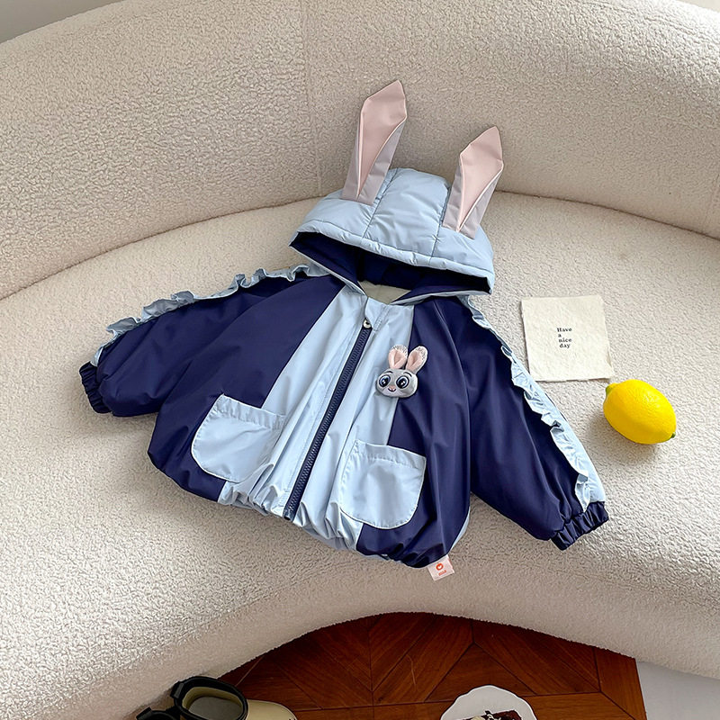 【现货】QW269169儿童加绒棉服2026秋冬女童卡通兔子撞色连帽外套